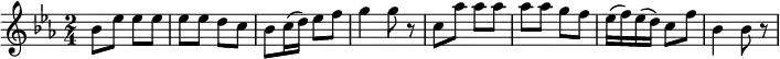 
\relative a' { 
\key ees \major
\time 2/4 
\tempo ""
\tempo 4 = 90
bes8 ees ees ees
ees ees d c 
bes c16 (d) ees8 f
g4 g8 r8
c,8 aes' aes aes
aes aes g f
ees16 (f) ees (d) c8 f
bes,4 bes8 r
}
