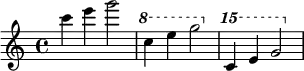 {
\relative c''' {
\clef treble
\time 4/4
\key c \major
c4 e g2
\ottava #1 c,4 e g2
\ottava #2 c,4 e g2
} }