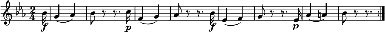 \relative bes' {
\key es \major \time 2/4
\partial 16 bes16 \f
g4( as) | bes8 r r8. c16 \p
f,4( g) | as8 r r8. bes16 \f
es,4( f) | g8 r r8. es16 \p
as4( a) | bes8 r r8. \bar ":|."
}