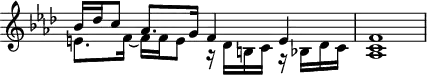 
\version "2.18.2"
\header {
  tagline = ##f
}

\score {
  \new Staff \with {
    \remove "Time_signature_engraver"
  }
<<
  \relative c'' {
    \key f \minor
    \time 4/4
    \tempo 4 = 56

     %% PRÉLUDE CBT I-12, BWV 857, fa mineur — version Forkel
     << { bes16 des c8 aes8. g16 f4 e f1 } \\ { e8. f16~ f f e8 r16 des b c r16 bes des c < c aes >1 } >>

  }
>>
  \layout {
     \context { \Score \remove "Metronome_mark_engraver"
     %\override SpacingSpanner.common-shortest-duration = #(ly:make-moment 1/2)
}
  }
  \midi {}
}
