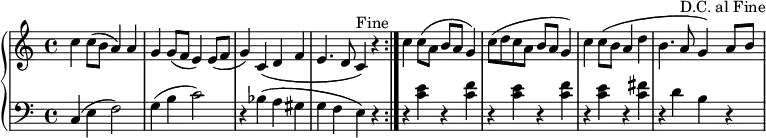 
\header { tagline = ##f }
\layout { indent = 0
  \context { \Score \remove "Bar_number_engraver" }
  \context { \Voice \remove "Dynamic_engraver" }
}

global = { \key c \major \time 4/4 \set Staff.midiInstrument = "acoustic grand" }
introR = \relative c'' { c4 c8 ( b a4) a | g g8 (f e4) e8 (f | g4) c, (d f | e4. d8 c4^"Fine" ) r }
right = \relative c'' { \global
  \repeat volta 2 { \introR }
  c c8 (a b a g4) | c8 (d c a b a g4) | c c8 ( b a4 d | b4. a8^"D.C. al Fine" g4) a8 b |
}
introL = \relative c { c4\mf (e f2) | g4 (b c2) | r4 bes (a gis g f e) r }
left = \relative c { \global
  \repeat volta 2 { \introL }
  r <e' c>\pp r <f c> | r <e c> r <f c> | r <e c> r <fis c> | r d b r |
}

\score {
  \new PianoStaff <<
    \new Staff = "right"
      \right
    \new Staff = "left"
      { \clef bass \left }
  >>
  \layout { }
}
\score { \unfoldRepeats { << \right \\ \left \\ >> << \introR \\ \introL >> }
  \midi { \tempo 4=144 }
}
