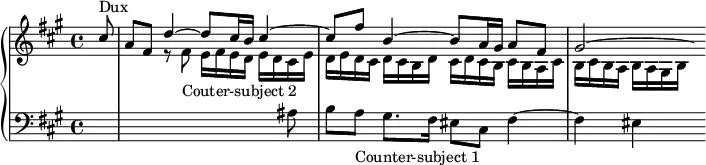 \version "2.18.2"
\header { tagline = ##f }
Dux = { cis8-\markup{Dux} a fis d'4~ d8 cis16 b cis4~ cis8 fis b,4~ b8 a16 gis a8 fis gis2~ }
ContreSujetA = { a8-\markup{Counter-subject 1} gis8. fis16 | eis8 cis fis4~ fis eis4 }
ContreSujetB = { gis8-\markup{Couter-subject 2} fis16 gis fis e fis e dis fis | e fis e dis e dis cis e dis }
upper = \relative c'' { \clef treble \key fis \minor \time 4/4 \tempo 4 = 80
\set Score.currentBarNumber = #66
\set Staff.midiInstrument = #"harpsichord"
%\context Score \applyContext #(set-bar-number-visibility 4)
\bar ""
%% FUGUE CBT II-14, BWV 883, fa-dièse mineur
<< { \partial 8 \Dux \hideNotes gis16 } \\ { s4. r8 \transpose gis fis \relative c'' { \ContreSujetB } d16 cis b cis b a cis b cis b a b a gis b } >>
}
lower = \relative c' { \clef bass \key fis \minor \time 4/4
\set Staff.midiInstrument = #"harpsichord"
s8 s4*3 s8 ais8 b \ContreSujetA s16
}
\score {
\new PianoStaff <<
\set PianoStaff.instrumentName = #""
\new Staff = "upper" \upper
\new Staff = "lower" \lower
>>
\layout { \context { \Score \remove "Metronome_mark_engraver" } }
\midi { }
}