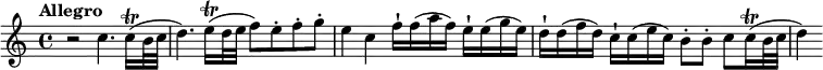 
\relative a' {
\key c \major
\time 4/4
\tempo "Allegro"
\tempo 4 = 130
r2 c4. c16\trill (b32 c
d4.) e16\trill (d32 e
f8) e-. f-. g-.
e4 c4
f16-! f (a f)
e-! e (g e)
d-! d (f d)
c-! c (e c)
b8-. b-. c c16\trill (b32 c32
d4)
}

