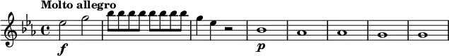 
\relative c'' { \set Staff.midiInstrument = #"string ensemble 1"
  \key es \major
  \tempo "Molto allegro" \set Score.tempoHideNote = ##t \tempo 2 = 84
  es2\f g |
  \repeat unfold 8 { bes8 } |
  g4 es r2 |
  bes1\p | as | as | g | g |
}
