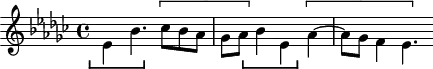 
\version "2.18.2"
\header {
  tagline = ##f
}
\score {
  \new Staff \with {}
<<
  \relative c'' {
    \clef treble 
    \key ees \minor
    \time 4/4
     %% SUBJECT fugue CBT I-8, BWV 853, D-sharp minor
    \stemDown ees,4_\markup { \stencil #(ly:bracket X '(-2 . 6) 0.2 1) } bes'4. \[ ces8 bes aes | ges aes \] bes4_\markup { \stencil #(ly:bracket X '(-2 . 6) 0.2 1) } ees, \[ aes~ aes8 ges f4 ees4. \]
  }
>>
  \layout {
     \context { \Score \remove "Metronome_mark_engraver" 
     \consists "Horizontal_bracket_engraver"
     }
  }
  \midi {} 
}
