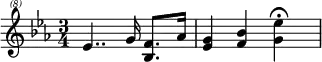 \header{ title = "Radio Sweden" }

% https://www.intervalsignals.net/sounds/swe-sr1_021106.mp3
\relative{
  \clef "treble^(8)" \key es \major \time 3/4
  es''4.. g16 <f bes,>8. as16 <g es>4 <bes f> \cadenzaOn <es g,>4*3\fermata \bar "|"
}
\midi{\tempo 4=79 \set Staff.midiInstrument = "celesta"}
