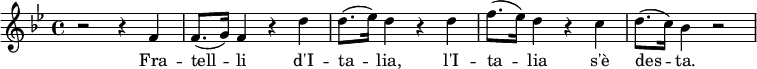 \relative f' {
\clef treble
\time 4/4
\key bes \major
r2 r4 f | (f8. g16) f4 r d' | (d8. ees16) d4 r d | (f8. ees16) d4 r c | (d8. c16) bes4 r2 |
}
\addlyrics {
Fra -- tell -- li
d'I -- ta -- lia,
l'I -- ta -- lia
s'è des -- ta. }