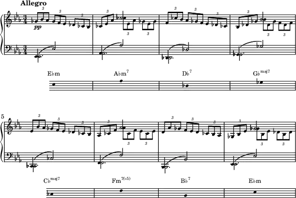 { <<
\new PianoStaff <<
\new Staff << \magnifyStaff #2/3
\new Voice \relative c' {
\key es \major \set Score.tempoHideNote = ##t \tempo 4 = 120 \time 3/4
\mark \markup { \abs-fontsize #10 { \bold { Allegro } } }
\times 2/3 {ges'8_\markup{\dynamic pp} bes aes} \times 2/3 {ges f ees} \times 2/3 {des ces bes} |
\times 2/3 {ces ees aes} \stemDown \times 2/3 {ces ees, aes} \times 2/3 {ges ees ges} |
\stemNeutral \times 2/3 {f ces' bes} \times 2/3 {aes ges f} \times 2/3 {ees des ces} |
\times 2/3 {bes des ges} \stemDown \times 2/3 {bes des, ges} \times 2/3 {f des f} |
\stemNeutral \times 2/3 {ees bes' aes} \times 2/3 {ges f ees} \times 2/3 {des ces bes} |
\times 2/3 {aes ces f} \stemDown \times 2/3 {aes ces, f} \times 2/3 {ees ces ees} |
\stemNeutral \times 2/3 {d aes' ges} \times 2/3 {f ees d} \times 2/3 {ces bes aes} |
\times 2/3 {ges bes ees} \stemDown \times 2/3 {ges bes, ees} \times 2/3 {des bes des} |
}
\new Voice \relative c' { \stemUp
s2. | s4 ces'2 | s2. | s4 bes2 |
s2. | s4 aes2 | s2. | s4 ges2 |
}
\new Staff << \magnifyStaff #2/3
\new Voice \relative c' {
\key es \major \clef F \time 3/4 \stemUp \slurUp
ees,,4( ees'2) | aes,4( aes'2) | des,,4( des'2) | ges,4( ges'2)
ces,,4( ces'2) | f,4( f'2) | bes,,4( bes'2) | ees,4( ees'2)
}
\new Voice \relative c' { \stemDown
ees,,2. | aes2. | des,2. | ges2.
ces,2. | f2. | bes,2. | ees2.
}
>> >> >>
\new Staff = "chords" \with {
\omit TimeSignature
\magnifyStaff #2/3
} \relative c'
{ \hide Staff.KeySignature \key ees \major \clef bass \hide Staff.Clef
{\stopStaff s4 \startStaff \hide Stem ees,8 s s s s s aes s s s s s des, s s s s s ges s s s \stopStaff s s \startStaff ces, s s s s s f s s s s s bes, s s s s s ees}}
\addlyrics \with { alignAboveContext = "chords" \override VerticalAxisGroup.nonstaff-relatedstaff-spacing =
#'((basic-distance . 3)) } { \override LyricText.font-size = #-2 E♭m \markup{\concat{A♭m\super{7}}} \markup{\concat{D♭\super{7}}} \markup{\concat{G♭\super{maj7}}} \markup{\concat{C♭\super{maj7}}} \markup{\concat{Fm\super{7(♭5)}}} \markup{\concat{B♭\super{7}}} E♭m }
>>
}
\layout { line-width = #150 }