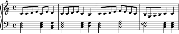 {
\new PianoStaff <<
\new Staff <<
\relative c' {
\clef treble \key c \major \time 4/4
c8 c d e c e d4 c8 c d e c4 b c8 c d e f e d c b g a b c4 c
}
>>
\new Staff <<
\set Score.tempoHideNote = ##t \tempo 4 = 120
\clef bass \key c \major \time 4/4
\new Voice \relative c {
<c e g>2 <c e g>4 <b d g>4 <c e g>2 <c e g>4 <d g> <c e g>2 <c f a> <d f g> <c e g>4 <c e g>
}
>>
>> }