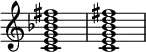{
\override Score.TimeSignature #'stencil = ##f
\relative c' {
\set Score.tempoHideNote = ##t \tempo 1 = 20
\clef treble
\time 4/4
\key c \major
<c e g bes d fis>1 < c e g b d fis>
} }