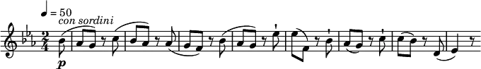 
\relative c''' {
  \key ees \major
  \time 2/4
  \tempo 4 = 50
  \partial 4 \partial 8 bes,8\p^\markup { \italic {con sordini} } (aes g) r8
  c8 (bes aes) r8
  aes (g f) r8 bes (aes g) r8
  ees'-! ees (f,) r8 bes-!
  aes (g) r8 c-!
  c (bes) r8
  d, (ees4) r8
}
