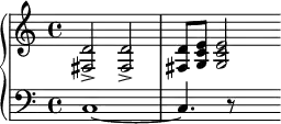 { \new PianoStaff << \new Staff \relative c' { \clef treble <d fis,>2-> <d fis,>-> | <d fis,>8 <e c g> <e c g>2 } \new Staff \relative c { \clef bass c1~ | c4. r8 s4 } >> }