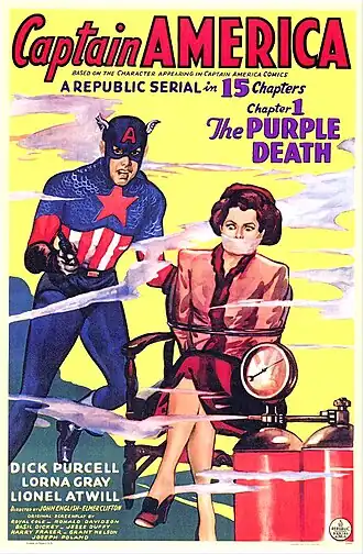 Affiche du serial Captain America (1944), adaptation cinématographique figurant le super-héros avec un pistolet au lieu de son emblématique bouclier[1].