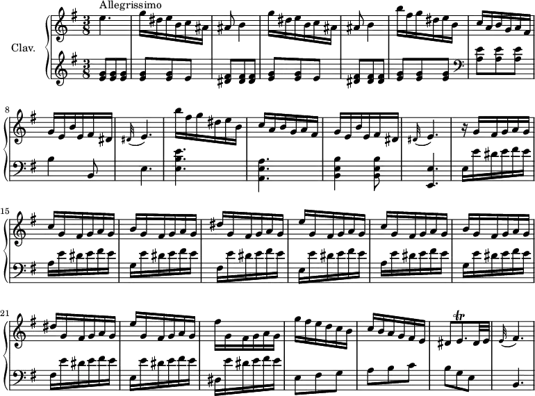 \version "2.18.2"
\header {
tagline = ##f
}
%% les petites notes
trillEq = { \tag #'print { e8.\trill dis32 e } \tag #'midi { \times 2/3 { fis32 e fis } e8~ dis32 e } }
AppoFis = { \tag #'print { \appoggiatura e32 fis4. } \tag #'midi { e8 fis4 } }
upper = \relative c'' {
\clef treble
\key e \minor
\time 3/8
\tempo 4. = 72
\set Staff.midiInstrument = #"harpsichord"
s8*0^\markup{Allegrissimo}
e4. | \repeat unfold 2 { g16 dis e b c ais | ais8 b4 } | \repeat unfold 2 { b'16 fis g dis e b |
% ms. 7
c16 a b g a fis | g e b' e, fis dis | \appoggiatura dis32 e4. }
% ms. 14
r16 g fis g a g | \repeat unfold 2 { c g fis g a g | b g fis g a g | dis' g, fis g a g | e' g, fis g a g }
% ms. 23
fis'16 g, fis g a g | g' fis e d c b |
% ms. 25
c16 b a g fis e | dis8 \trillEq | \tempo 4. = 60 \AppoFis |
}
lower = \relative c' {
\clef bass
\key e \minor
\time 3/8
\set Staff.midiInstrument = #"harpsichord"
% **************************************
\clef treble < e g >8 q q | q q e | < dis fis >8 q q | < e g > q e | < dis fis >8 q q | < e g > q q |
% ms. 7
\clef bass < a, e' >8 q q | b4 b,8 | e4. | < e b' e >4. | < a, e' a > | < b e b' >4 q8 |
% ms. 13
< e, e' >4. | e'16 e' dis e fis e | \repeat unfold 2 { a, e' dis e fis e | g, e' dis e fis e | fis, e' dis e fis e | e, e' dis e fis e } | dis, e' dis e fis e | e,8 fis g
% ms. 25
a8 b c | b g e | b4.
}
thePianoStaff = \new PianoStaff <<
\set PianoStaff.instrumentName = #"Clav."
\new Staff = "upper" \upper
\new Staff = "lower" \lower
>>
\score {
\keepWithTag #'print \thePianoStaff
\layout {
#(layout-set-staff-size 17)
\context {
\Score
\override SpacingSpanner.common-shortest-duration = #(ly:make-moment 1/2)
\remove "Metronome_mark_engraver"
}
}
}
\score {
\keepWithTag #'midi \thePianoStaff
\midi { }
}