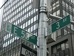 Image des panneaux de l'intersection entre la 53e et la 3e&nbsp;avenue.