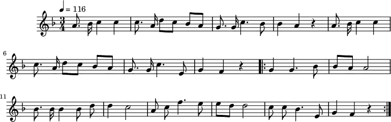 \header {tagline = ""} \relative c' {{ \key f \major \time 3/4 \tempo 4 = 116
\autoBeamOff a'8. bes16 c4 c4 c8. a16 \autoBeamOn d8 c8 bes8 a8 \autoBeamOff g8. g16 c4. bes8 bes4 a4 r4 a8. bes16 c4 c4 c8. a16 \autoBeamOn d8 c8 bes8 a8 \autoBeamOff g8. g16 c4. e,8 g4 f4 r4 \repeat volta 2 { g4 g4. bes8 \autoBeamOn bes8 a8 \autoBeamOff a2 bes8. bes16 bes4 bes8 d8 d4 c2 a8 c8 f4. e8 \autoBeamOn e8 d8 \autoBeamOff d2 c8 c8 bes4. e,8 g4 f4 r4}}}
\score {\unfoldRepeats \relative c' {{\key f \major \time 3/4 \tempo 4 = 116
\autoBeamOff a'8. bes16 c4 c4 c8. a16 \autoBeamOn d8 c8 bes8 a8 \autoBeamOff g8. g16 c4. bes8 bes4 a4 r4 a8. bes16 c4 c4 c8. a16 \autoBeamOn d8 c8 bes8 a8 \autoBeamOff g8. g16 c4. e,8 g4 f4 r4 \repeat volta 2 { g4 g4. bes8 \autoBeamOn bes8 a8 \autoBeamOff a2 bes8. bes16 bes4 bes8 d8 d4 c2 a8 c8 f4. e8 \autoBeamOn e8 d8 \autoBeamOff d2 c8 c8 bes4. e,8 g4 f4 r4}}}
\midi {}}