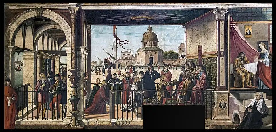 La légende de la vie de sainte Ursule. Arrivée des ambassadeurs anglais, 275&nbsp;×&nbsp;589&nbsp;cm, entre 1495-1500, huile sur toile, Gallerie dell'Accademia de Venise.