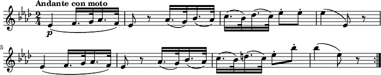 \version "2.14.2"
\relative c' {
\clef "treble"
\tempo "Andante con moto"
\key aes \major
\time 2/4
\tempo 4 = 60
ees4\p (f16. g32 aes16. f32)
ees8 r8 aes16. (g32) bes16. (aes32)
c16. (bes32) des16. (c32) ees8-. ees-.
ees4 (ees,8) r8
ees4 (f16. g32 aes16. f32)
ees8 r8 aes16. (g32) bes16. (aes32)
c16. (bes32) d16. (c32) ees8-. bes'-.
bes4 (ees,8) r8 \bar ":|."
}