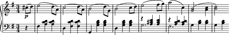 \new PianoStaff <<
\new Staff{ \key e \minor \time 3/4 \set Score.tempoHideNote = ##t \tempo 2. = 56 \relative c' { \partial 4 cis'8(\p d) e2( d8 a) c2( d8 a) b2( d8 g,) b2( c8 d) e2( fis8 g) a2( c,4) <g b>2( <a c>4 <b d>2) } }
\new Staff{\clef bass \key e \minor \time 3/4 \partial 4 \relative c {r4 fis4 <a c d> q d, <fis c' d> q g, <g' b d> q d <g b d> q
<<
{r4 <a cis e> q r <a c d> q }
\\
{g2. fis}
>>
g4 <b d> q g <b d>}}>>