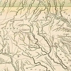Une carte montrant la disposition des fleuves, des maisons et des colonies dans le comté de Bute en Caroline du Nord.