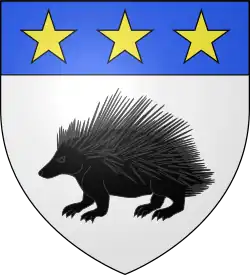 Blason d'argent au porc-épic de sable, au chef d'azur chargé de trois étoiles d'or.