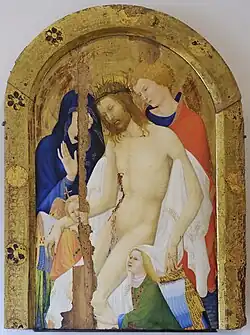 Le Christ de pitié soutenu par saint Jean l'Evangéliste en présence de la Vierge et de deux anges. Tableau attribué à Jean Malouel, (vers 1400)