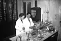 Irène et Frédéric dans leur laboratoire en 1935.
