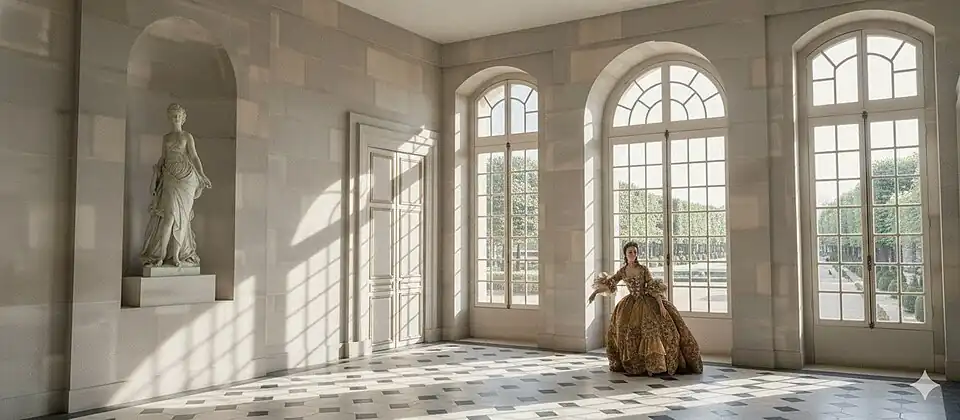 Vue d'artiste du vestibule du château de Bellevue dans son état en 1755.