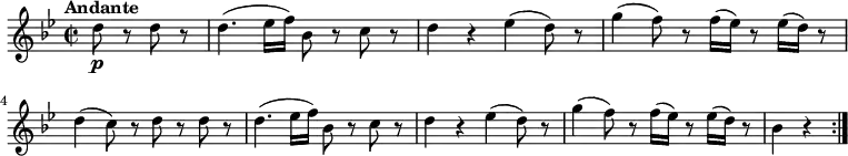 
 \relative c'' {
    \version "2.18.2"
    \key bes \major 
    \tempo "Andante"
    \tempo 4 = 100
    \time 2/2
    \partial 2 d8\p r d r
    d4. (ees16 f) bes,8 r c r
    d4 r ees (d8) r
    g4 (f8) r f16 (ees) r8 ees16 (d) r8
    d4 (c8) r d r d r
    d4. (ees16 f) bes,8 r c r
    d4 r ees (d8) r
    g4 (f8) r f16 (ees) r8 ees16 (d) r8
    bes4 r \bar  ":|."
}
