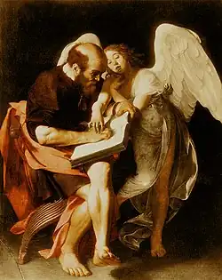 Photographie couleurs d'un tableau dans lequel un homme assis écrit sous la conduite d'un ange qui dirige sa main.