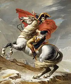 Tableau montrant un homme avec une cape rouge monté sur un cheval blanc cabré