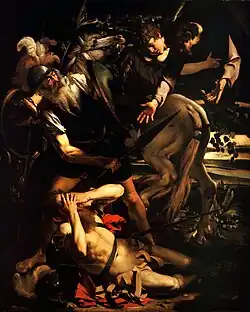 Tableau montrant un homme tombé de cheval et qui s'abrite les yeux, tandis qu'un ange et un autre homme se penchent vers lui depuis le ciel.