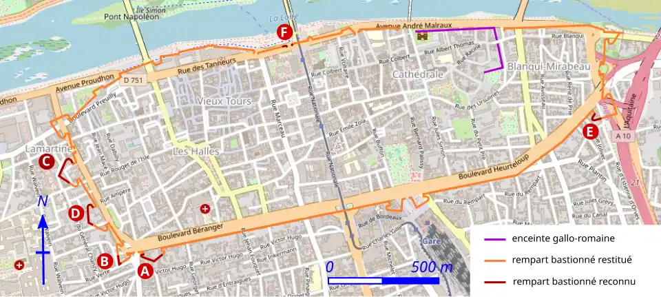 Carte en couleurs des enceintes historiques d'une ville reportées sur un plan moderne.
