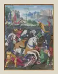 Le 14 septembre 1515 : François Ier chargeant contre les Suisses à Marignan (vers 1529-1530, BnF, fol. 1 v°).