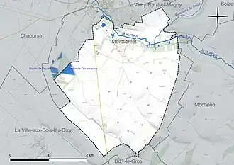Carte en couleur présentant le réseau hydrographique de la commune