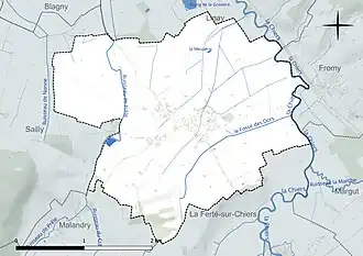 Carte en couleur présentant le réseau hydrographique de la commune