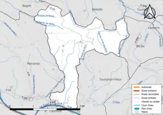 Carte en couleur présentant le réseau hydrographique de la commune