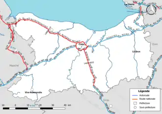 Carte du réseau routier national (autoroutes et routes nationales) dans le département du Calvados