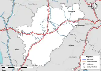 Carte du réseau routier national (autoroutes et routes nationales) dans le département de la Charente
