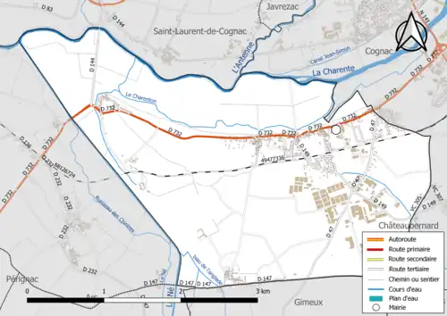 Carte en couleur présentant le réseau hydrographique de la commune