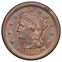 Pièce de monnaie représentant le profil gauche d'une femme aux cheveux longs, coiffés en chignon, noués par un ruban et entourée de treize étoiles.
