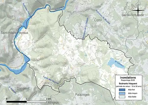 Carte de la zone inondable de la commune définie pour le scénario fréquent, dans le territoire à risque important d’inondation (TRI) Tulle-Brive[Note 4].