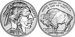 Deux pièces de monnaie, une avec le profil droit d'un homme portant une coiffure à plumes, l'autre avec un bison.
