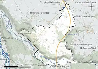 Carte en couleur présentant le réseau hydrographique de la commune