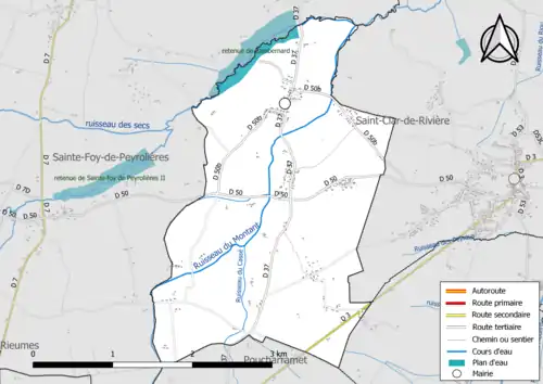 Carte en couleur présentant le réseau hydrographique de la commune