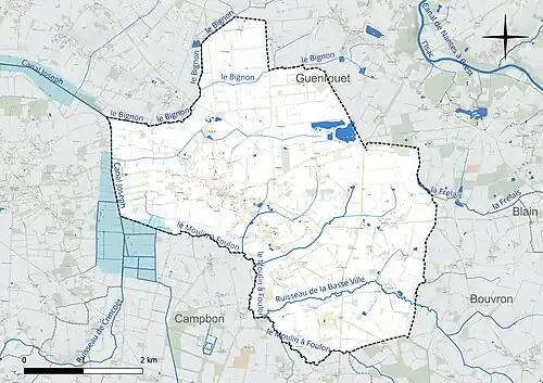 Carte en couleur présentant le réseau hydrographique de la commune