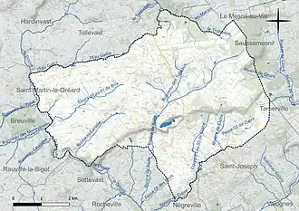 Carte en couleur présentant le réseau hydrographique de la commune