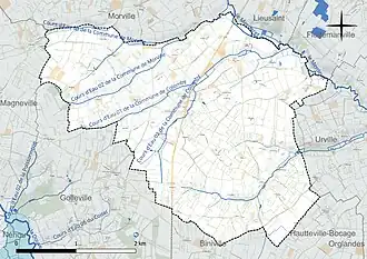 Carte en couleur présentant le réseau hydrographique de la commune