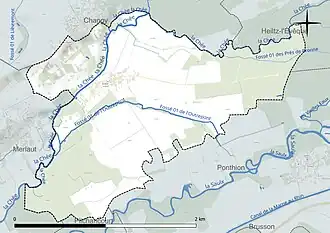 Carte en couleur présentant le réseau hydrographique de la commune