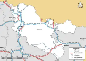 Carte du réseau routier national (autoroutes et routes nationales) dans le département de la Moselle